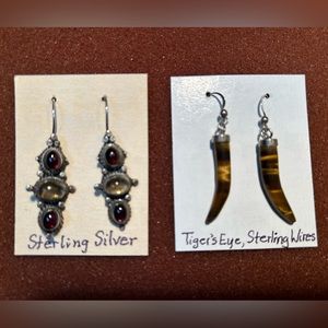 Lot 2 pr earrings, amethyst citrine in sterling and tiger's eye sterling hooks